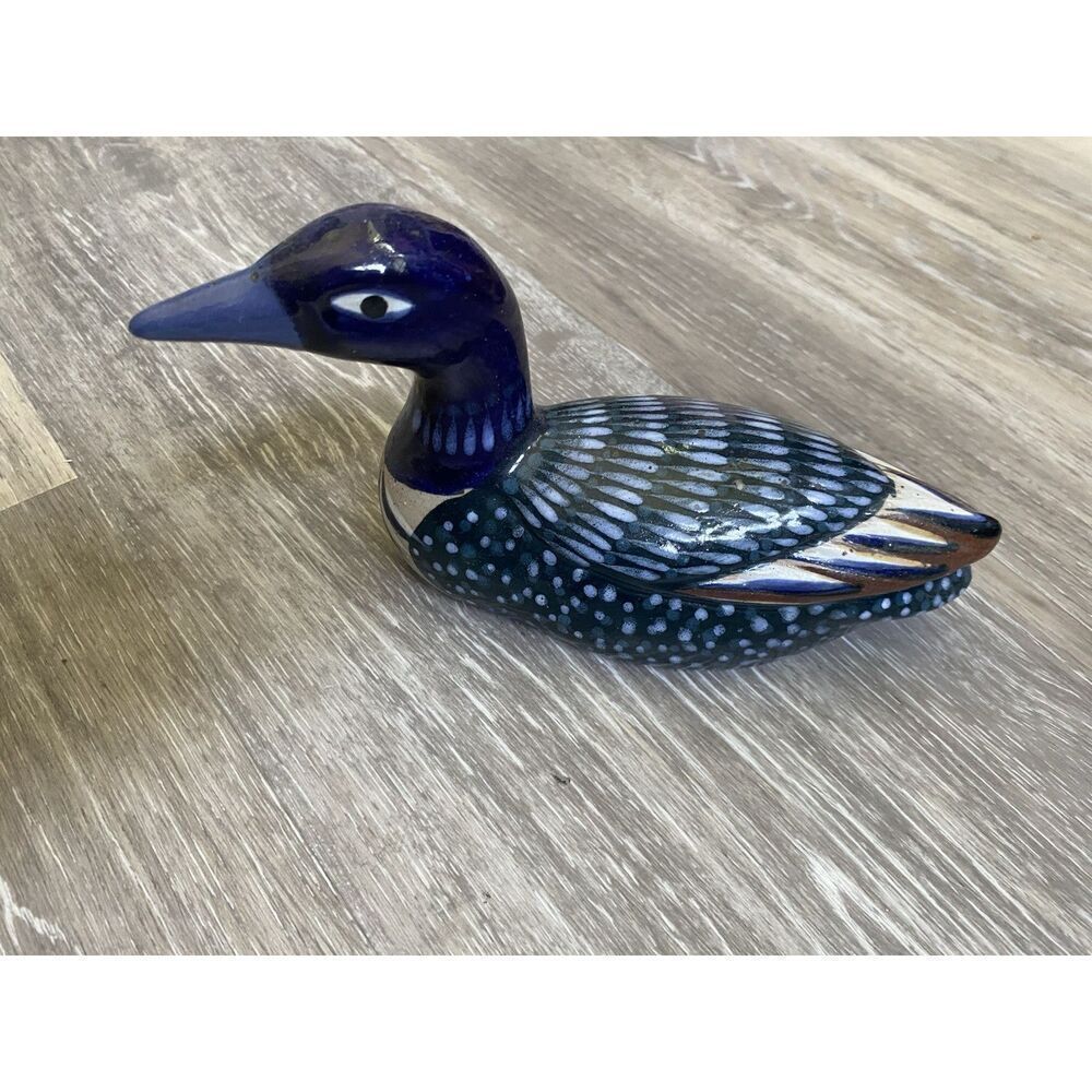 Vintage Mexican Art Pottery TONALA With Brass Duck 9” x 5” Hand Painted - Picture 6 of 9